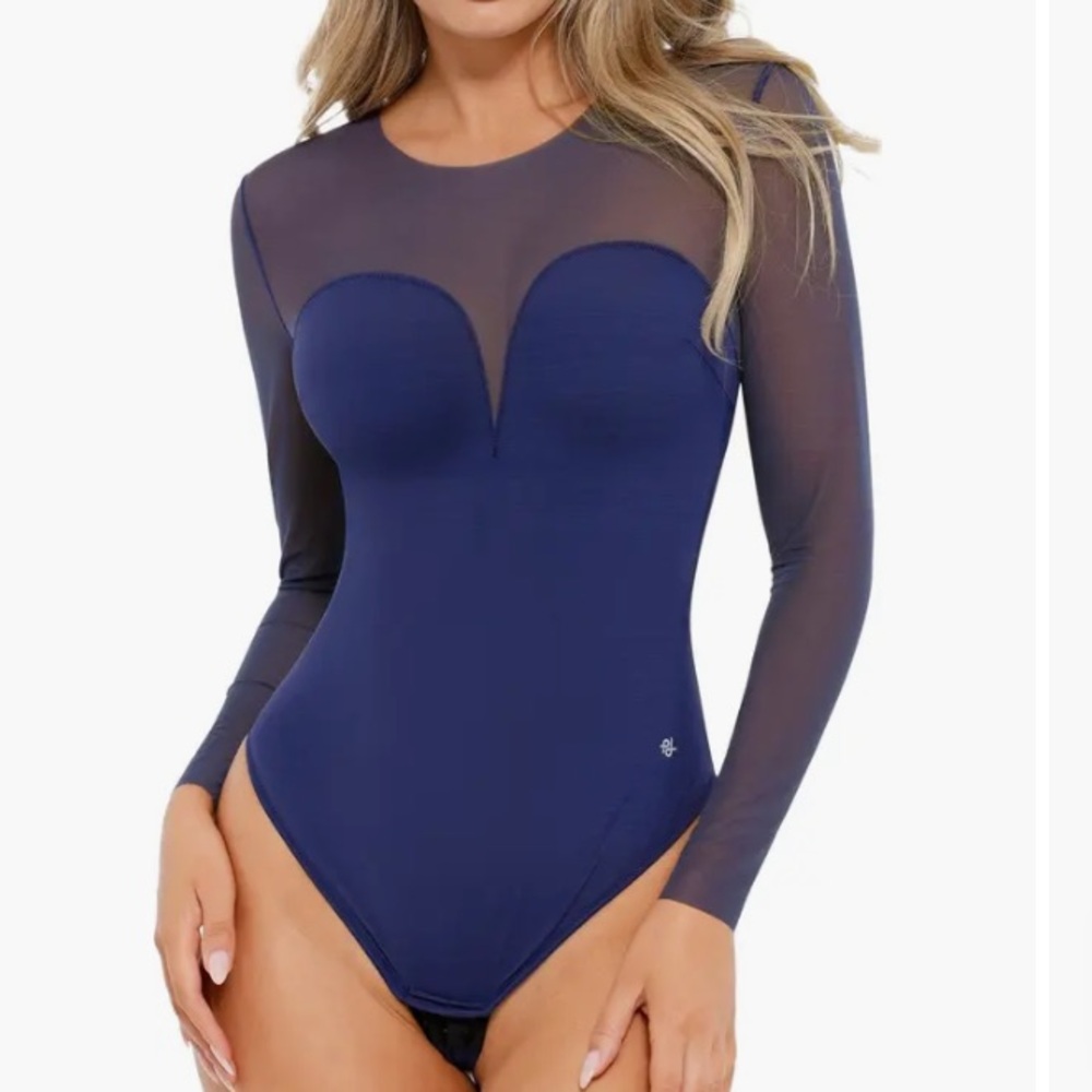 Popilush  Blue Mesh Long Sleeve Bodysuit illusion shape wear